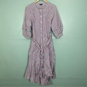 JCrew Striped Tie Waist Shirt Dress Midi Blue Red White Size 10 Style L2547